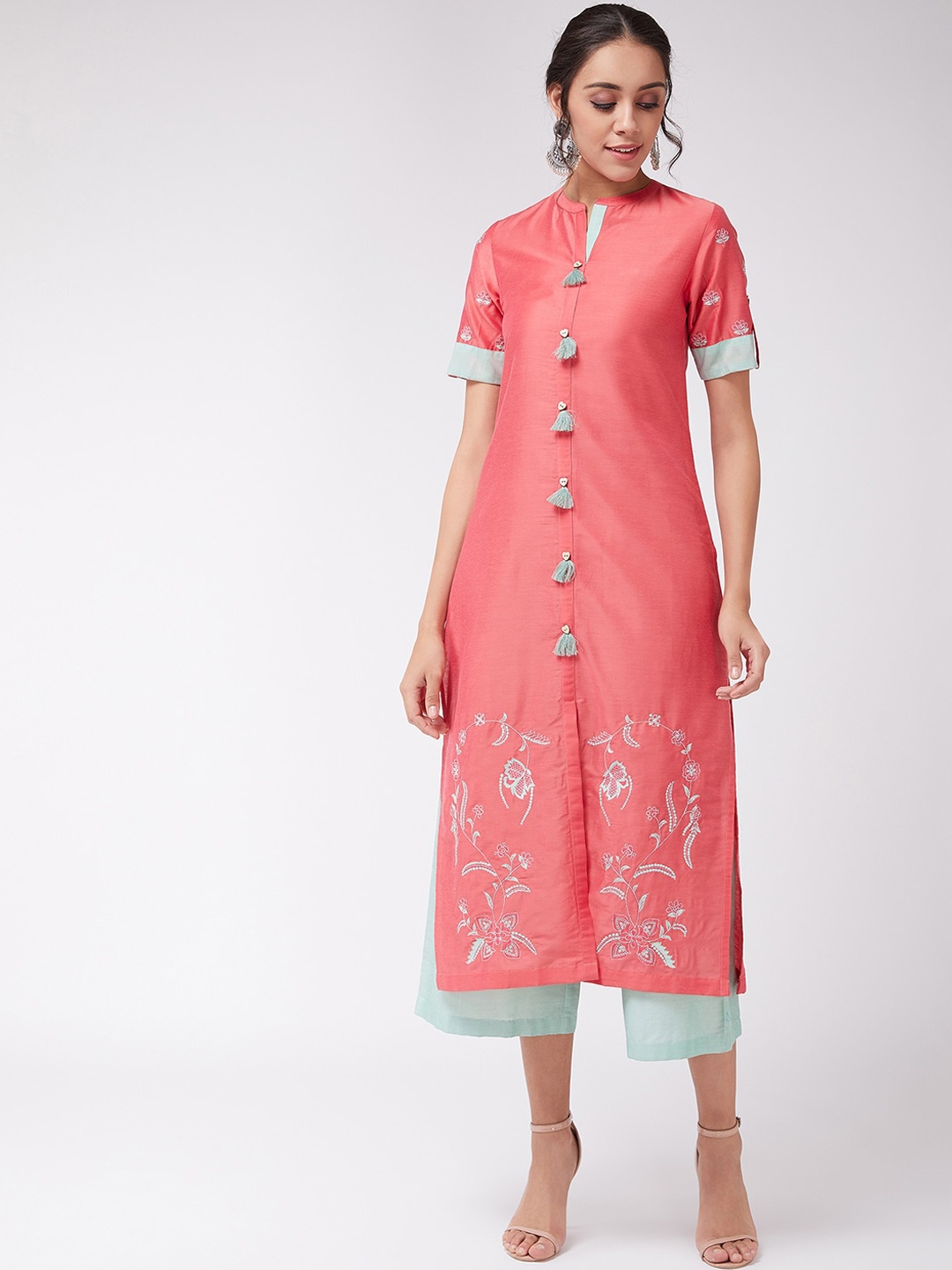 

Pannkh Ethnic Motifs Embroidered Band Collar A-Line Kurta, Pink
