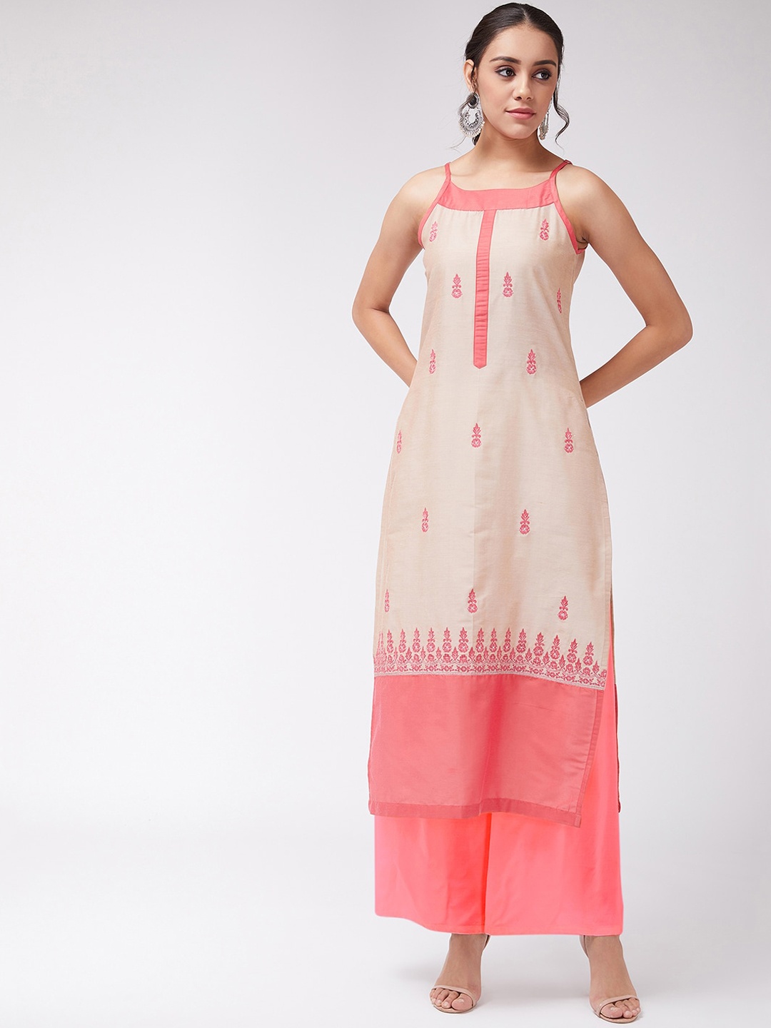 

Pannkh Shoulder Straps Floral Embroidered Kurta, Beige