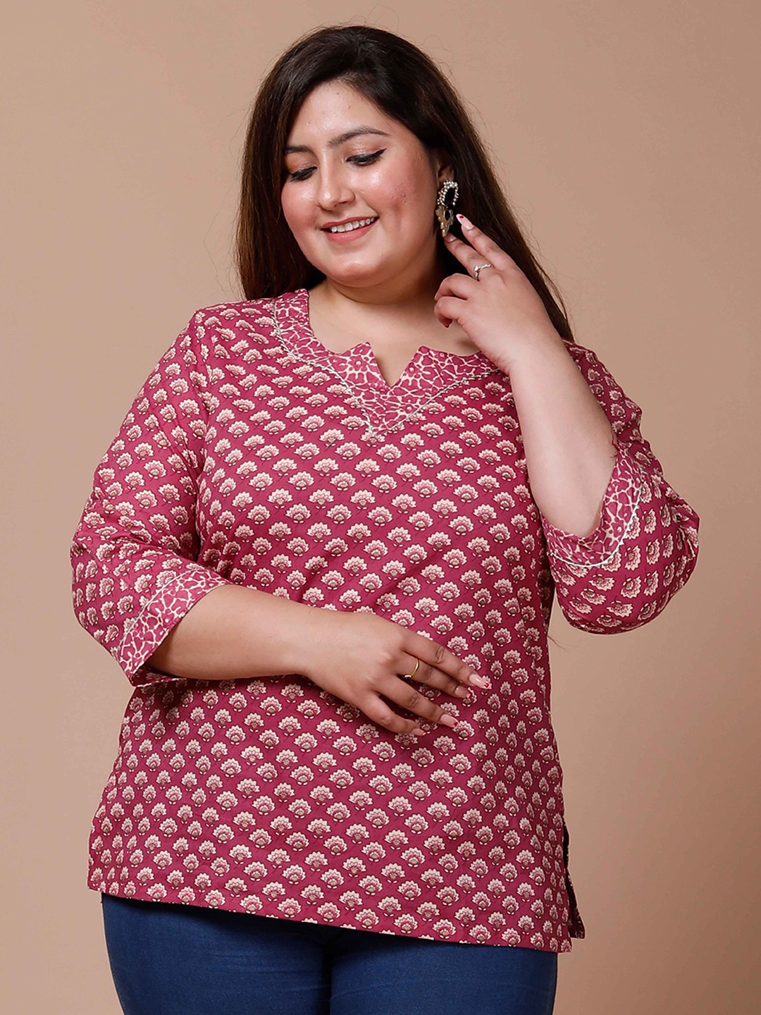 

MIRAVAN Plus Size Ethnic Motifs Print Notched Neck Top, Pink