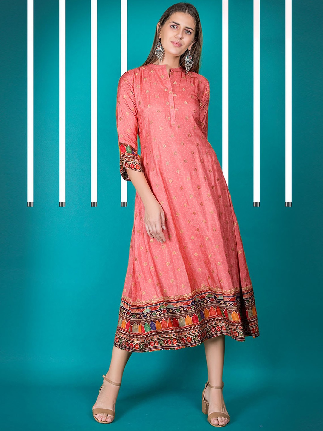 

ODETTE Mandarin Collar Floral Printed Kurta, Pink