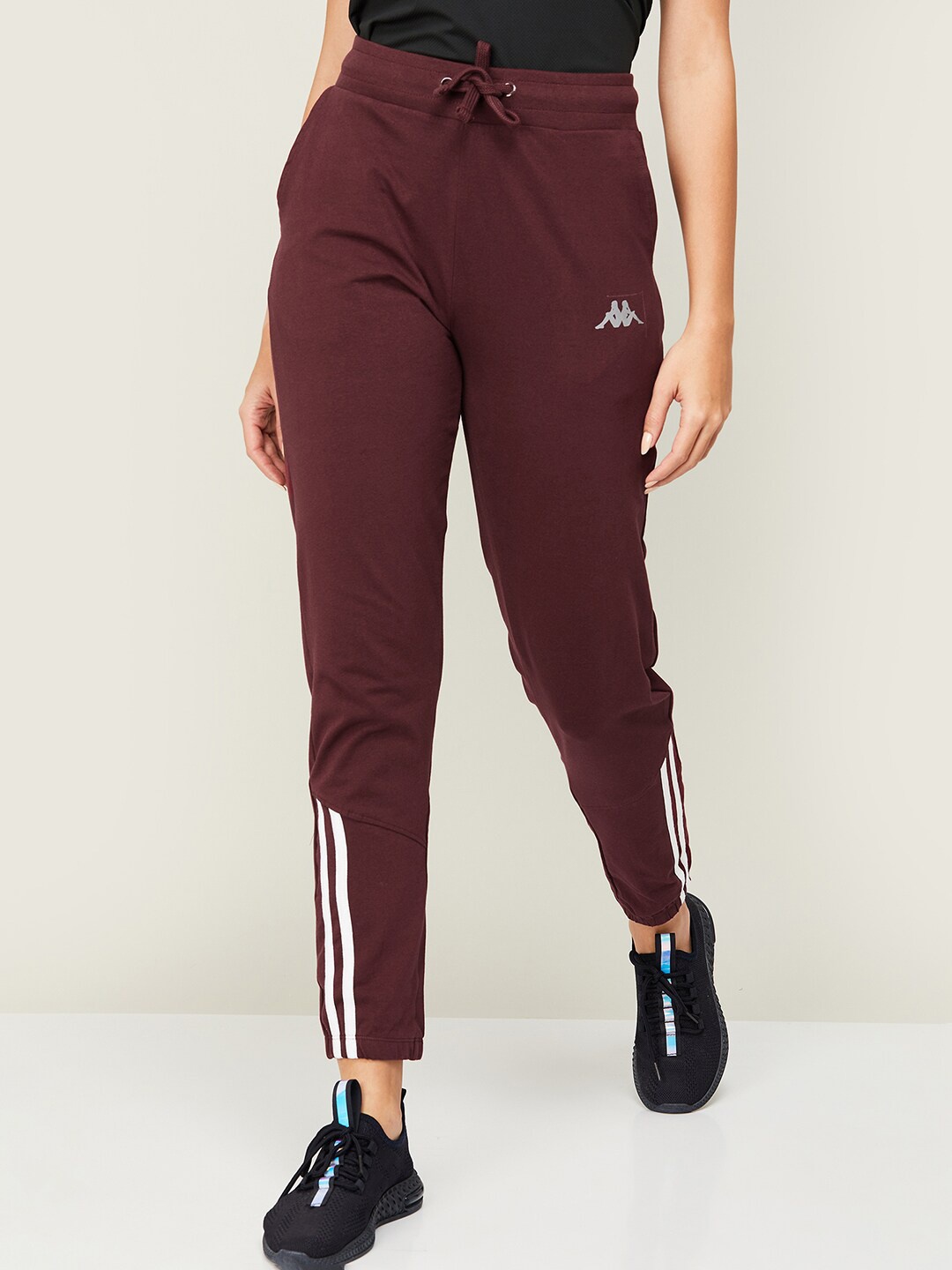 

Kappa Women Striped Cotton Sports Joggers, Maroon