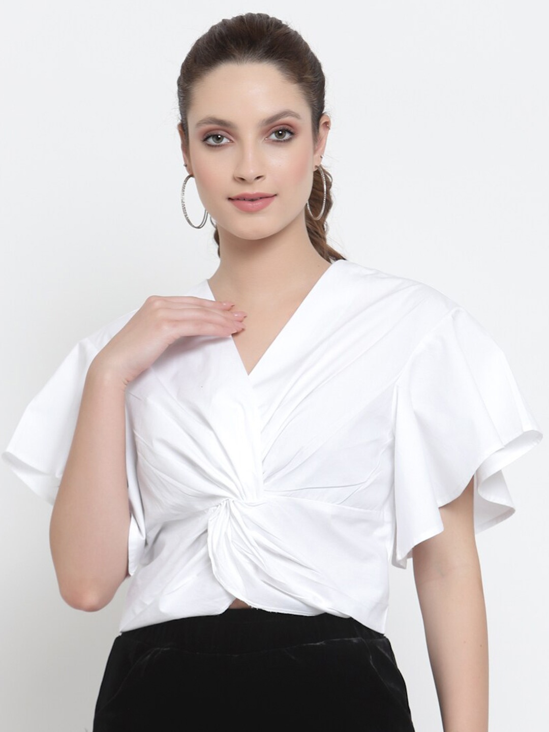 

NEUDIS Gathered Or Pleated Flutter Sleeves Cotton Crop Top, White