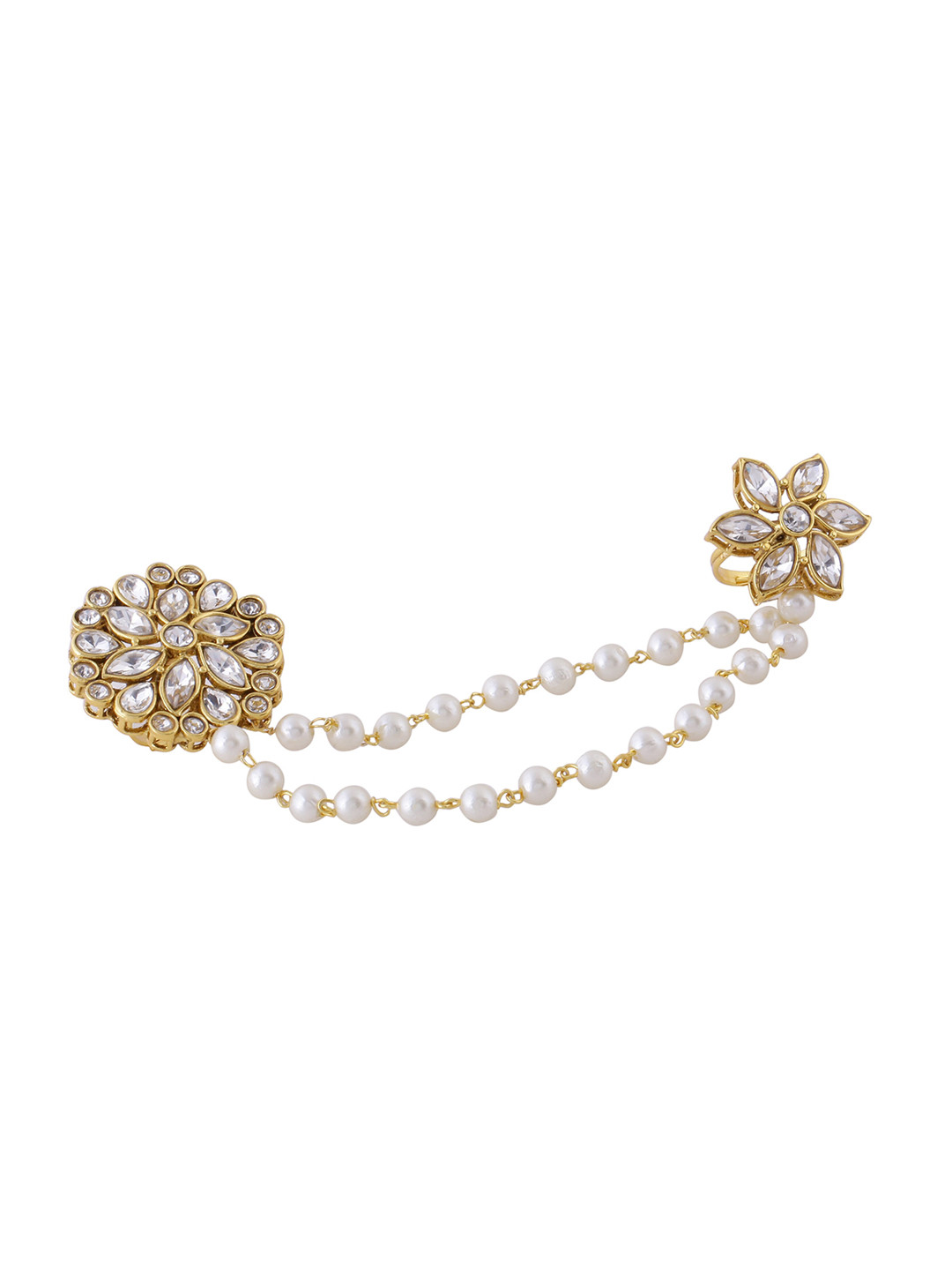 

Sanjog Brass-Plated Stone & Pearl Studded Dual Statement Ring, Gold