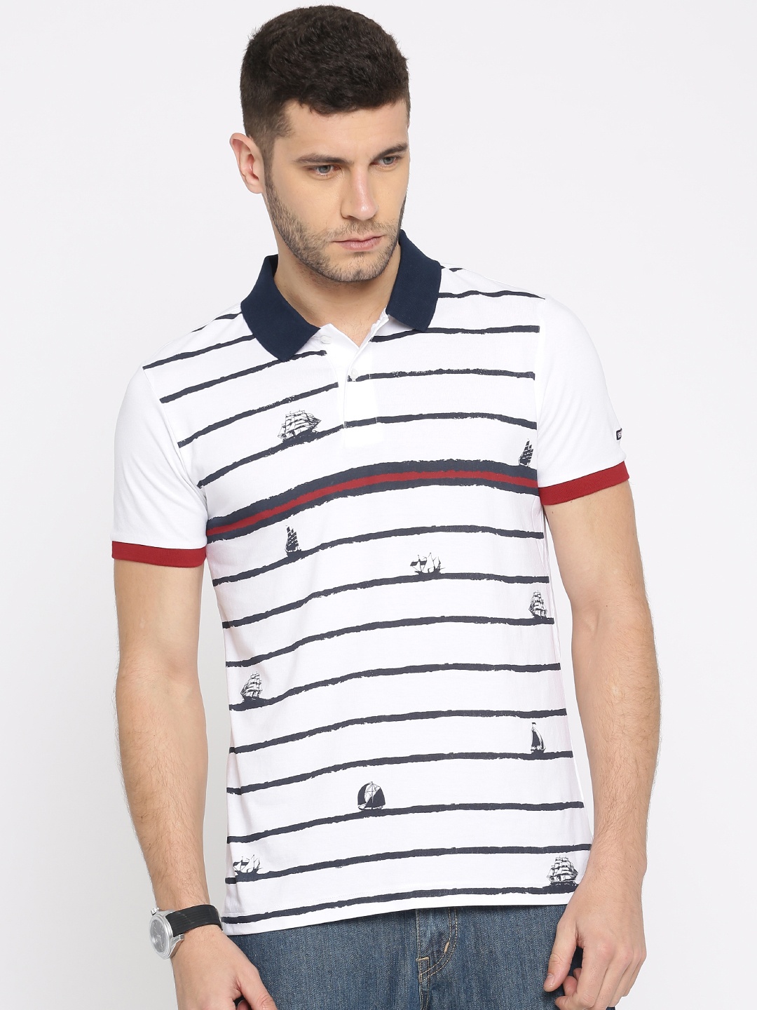 

Arrow Sport Men White & Navy Blue Striped Polo Collar T-shirt
