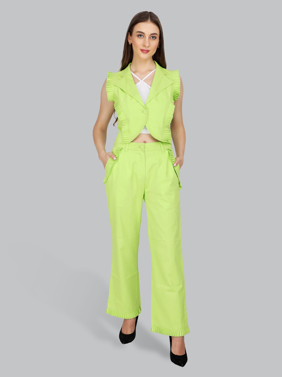 

CUFFS N LASHES Cotton Crop Coat With Trousers Set, Fluorescent green