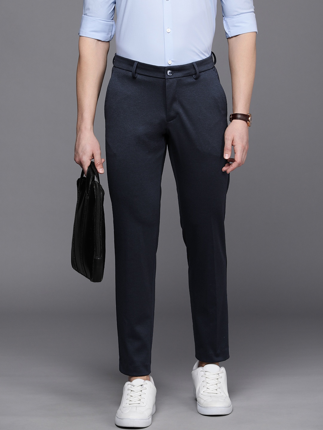 

Allen Solly Men Checked Custom Slim Fit High-Rise Cropped Trousers, Navy blue