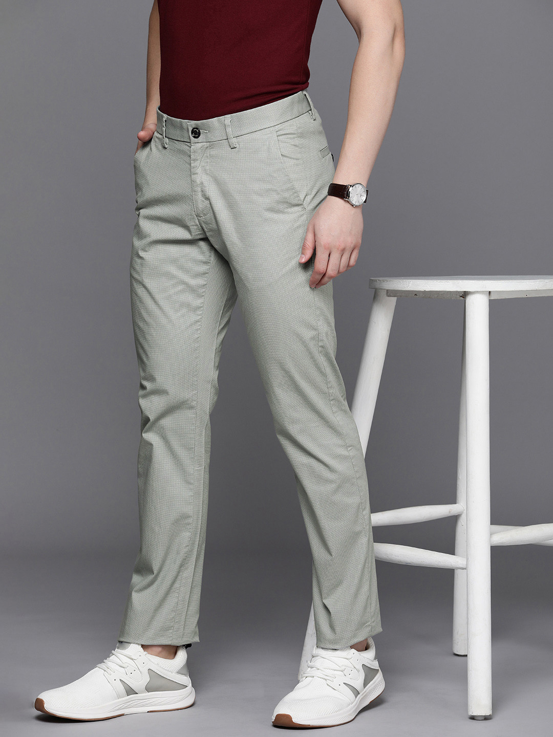 

Allen Solly Men Self Design Textured Slim Fit Mid Rise Trousers, Grey