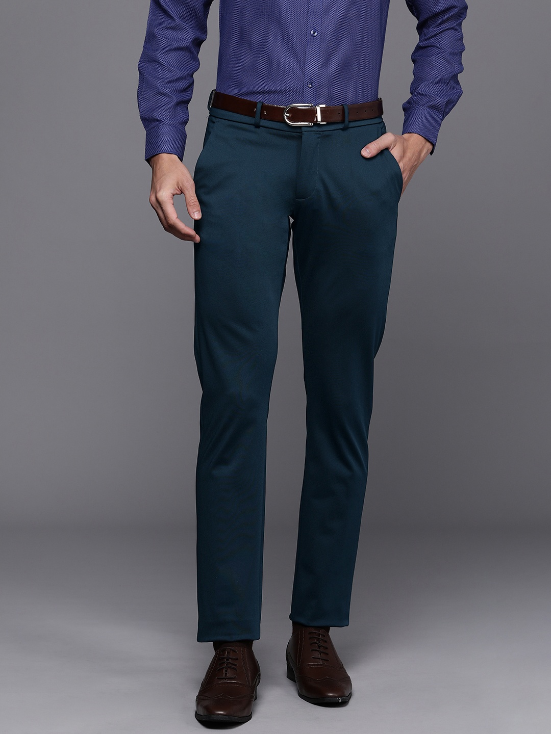 

Allen Solly Men Mid-Rise Custom Slim Fit Formal Trousers, Teal