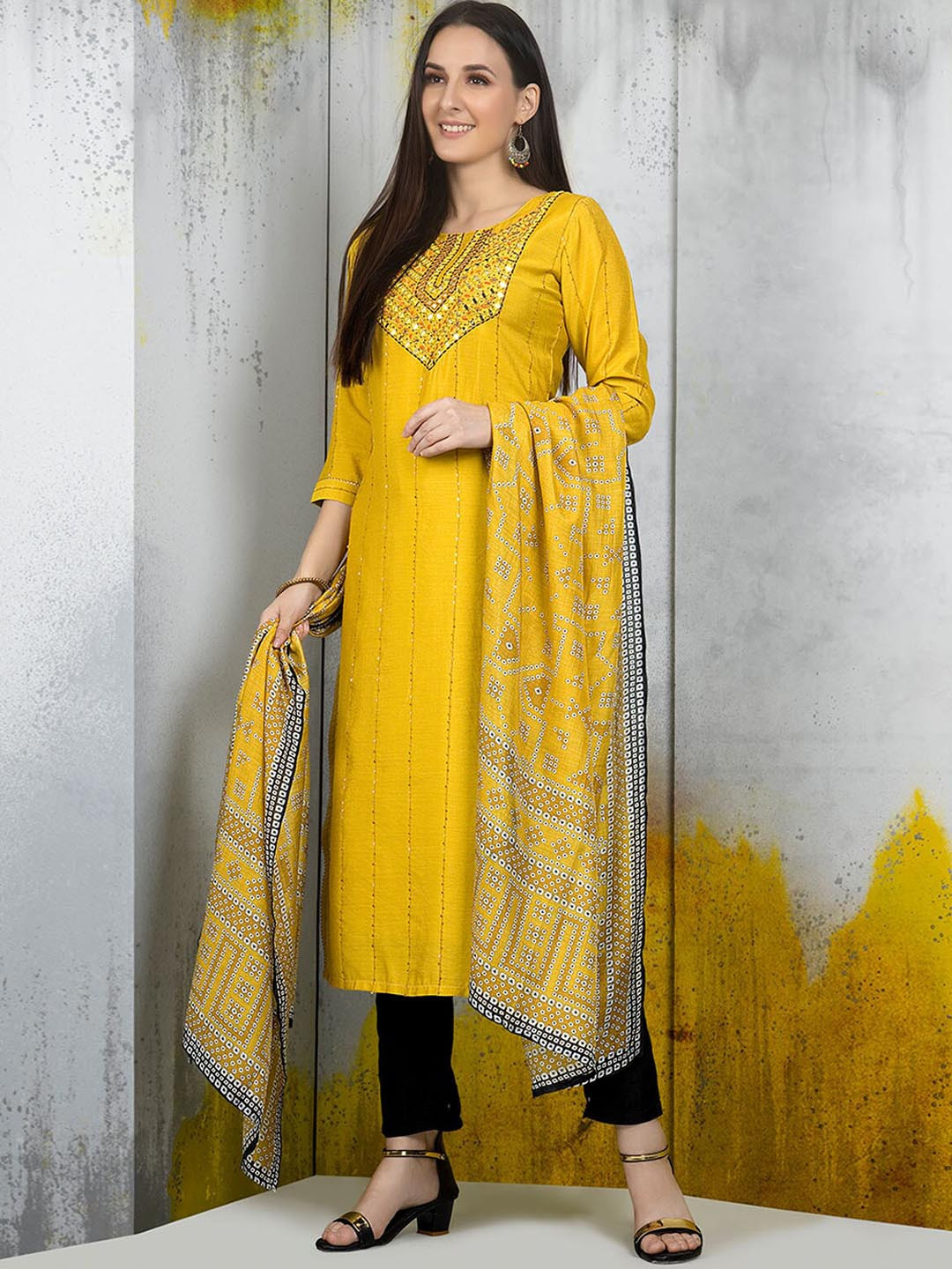 

ODETTE Embroidered Round Neck Straight Kurta with Trousers & With Dupatta, Yellow