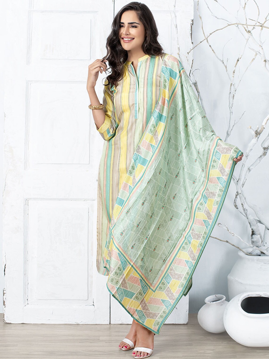 

ODETTE Women Striped Kurta with Trousers & With Dupatta, Yellow