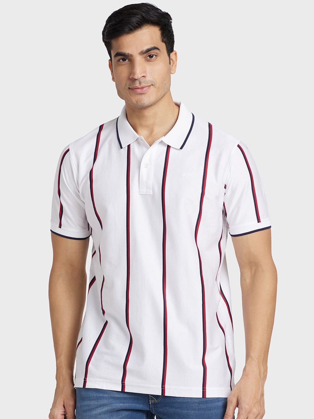 

ColorPlus Striped Polo Collar Cotton T-shirt, White