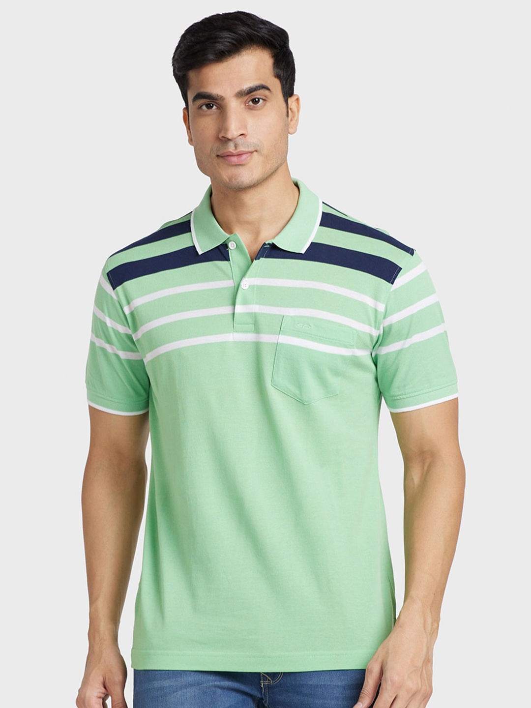 

ColorPlus Striped Polo Collar Cotton T-shirt, Green