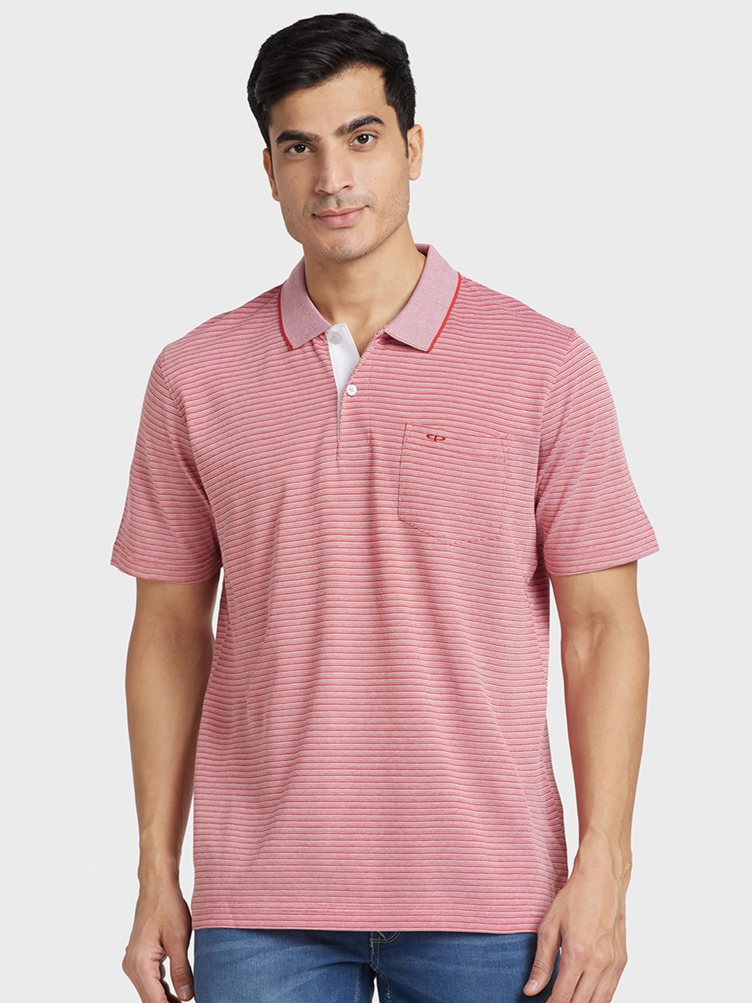 

ColorPlus Striped Polo Collar Cotton T-shirt, Red