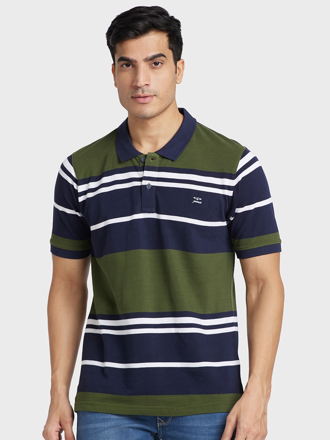 

ColorPlus Striped Polo Collar Cotton T-shirt, Green