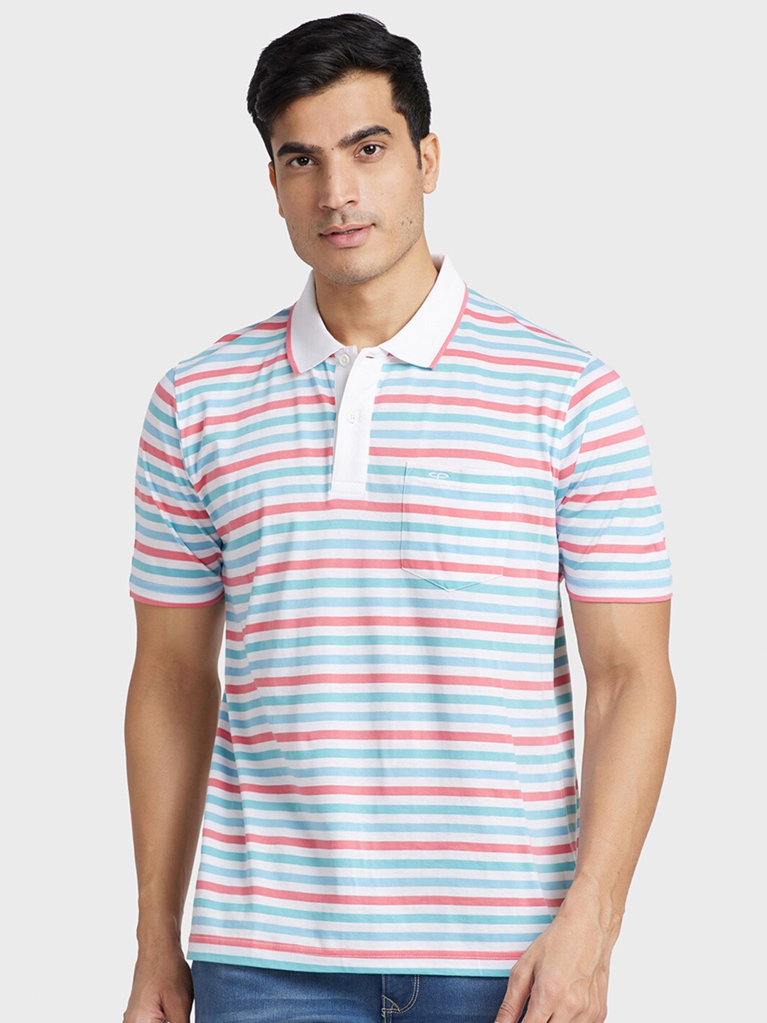 

ColorPlus Striped Polo Collar Cotton T-shirt, White