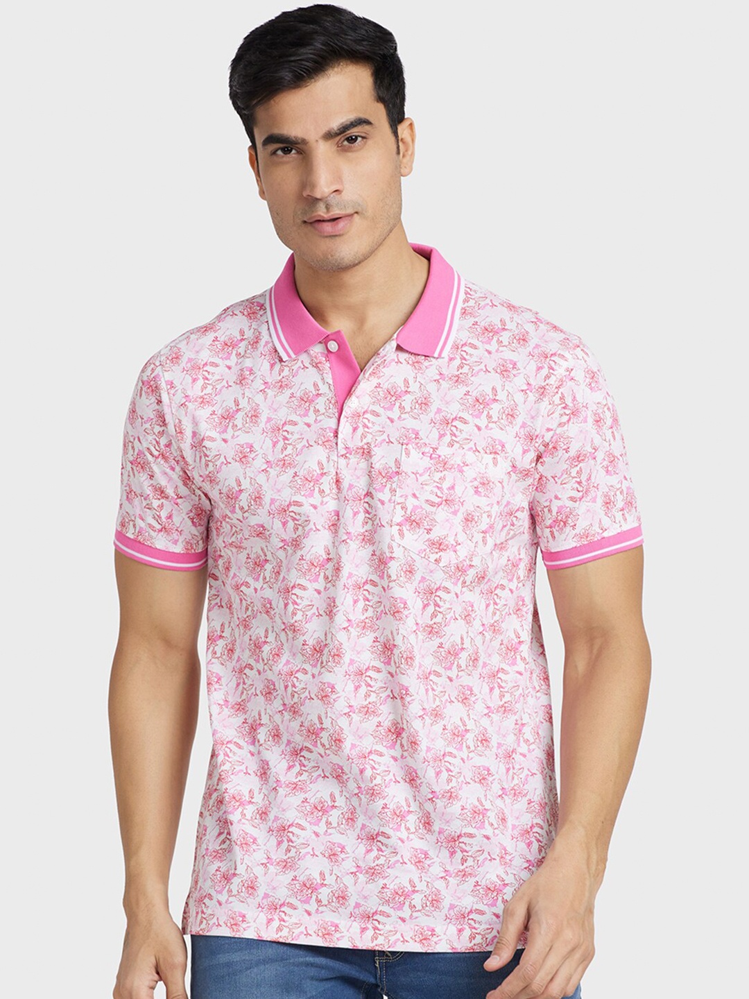 

ColorPlus Floral Printed Polo Collar Cotton T-shirt, Red