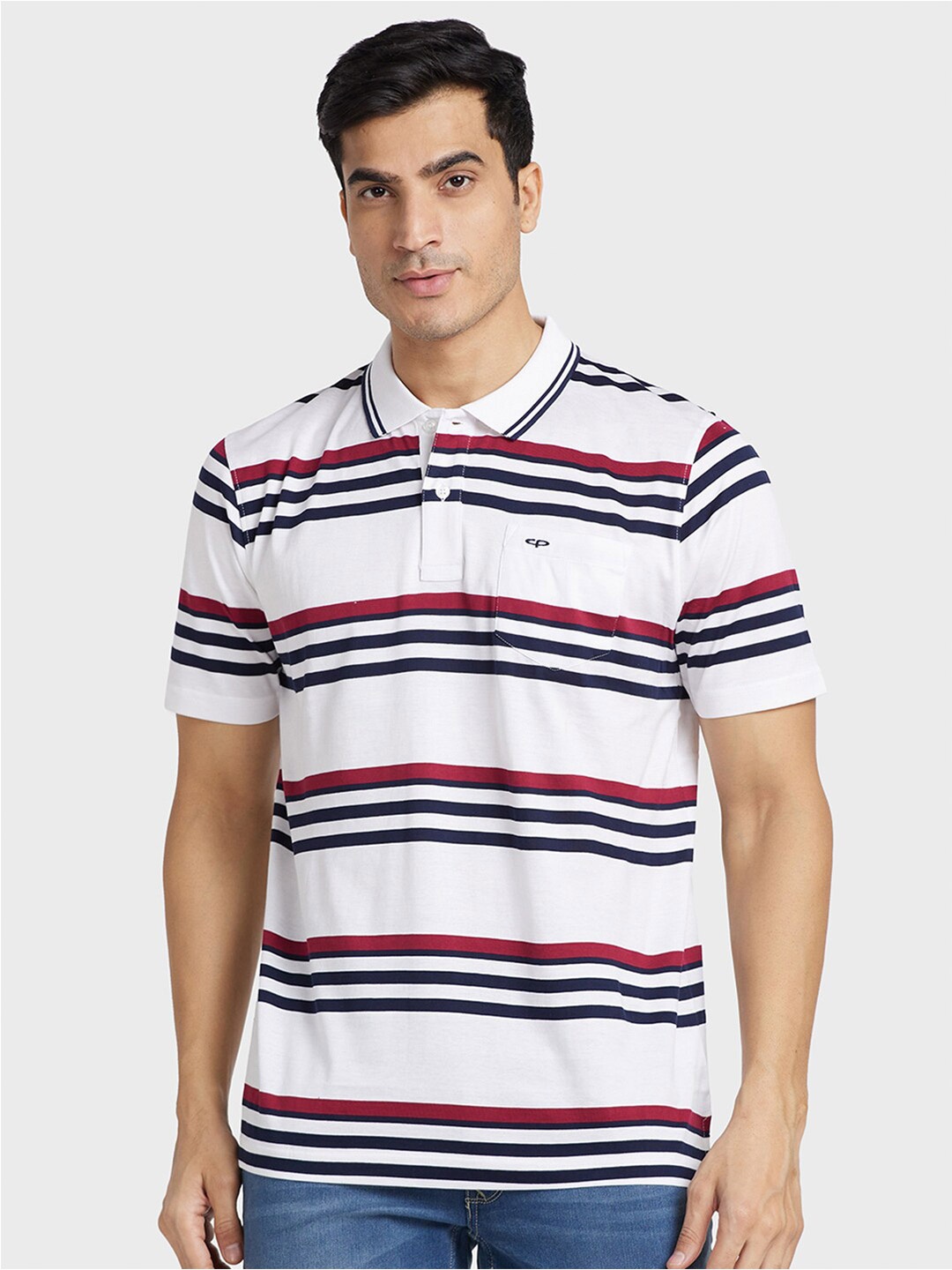 

ColorPlus Men Striped Polo Collar Cotton T-shirt, White