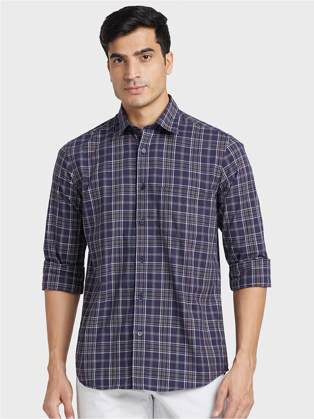 

ColorPlus Plus Size Tailored Fit Spread Collar Tartan Checked Cotton Casual Shirt, Blue