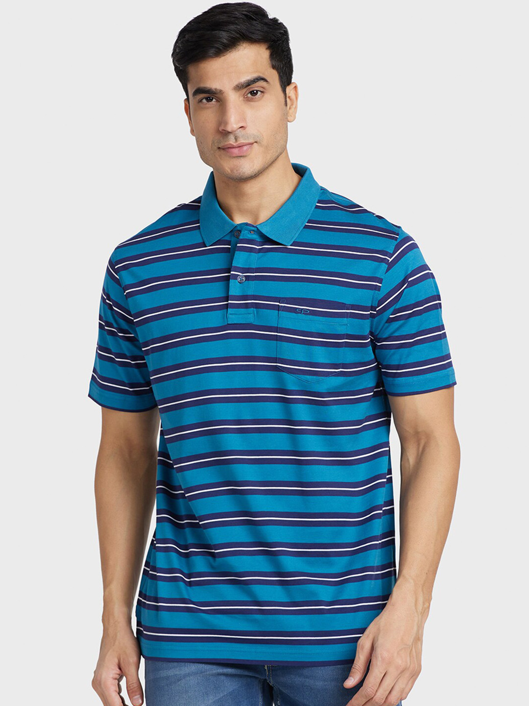 

ColorPlus Striped Polo Collar Cotton T-shirt, Green