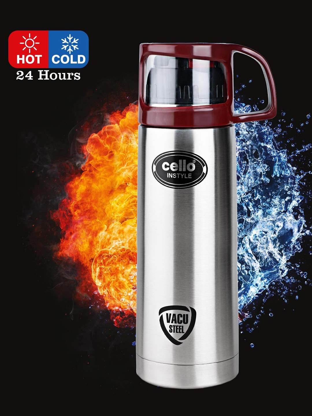 

Cello Instyle Maroon Stainless Steel Double Walled Water Bottle With Thermal Jacket-350 ml
