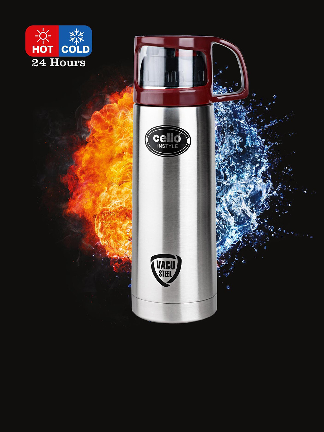 

Cello Instyle Maroon Stainless Steel Double Walled Water Bottle With Thermal Jacket-750 ml