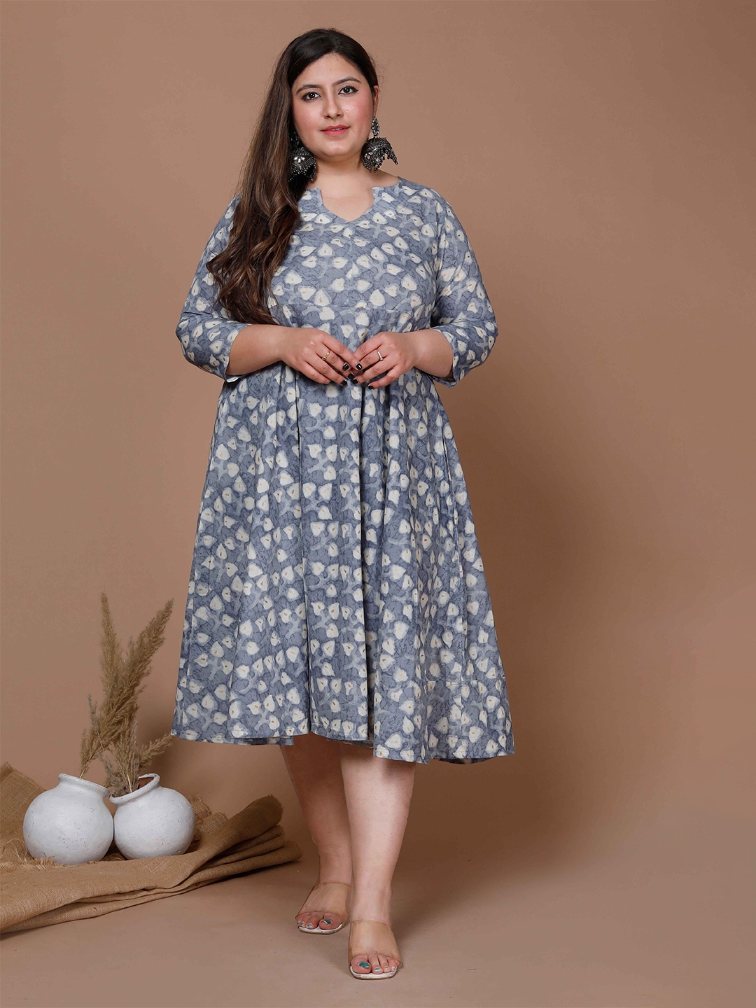 

MIRAVAN Plus Size Floral Printed Empire Notched Neck Cotton Midi Dress, Grey