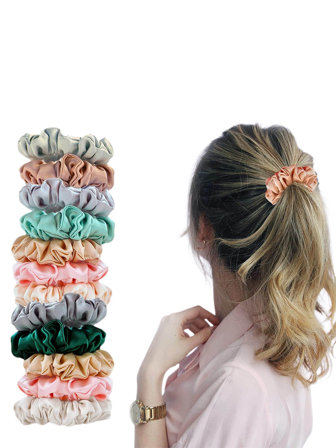 

CHANDERKASH Women Set Of 12 Scrunchies Ponytail Holders, Peach