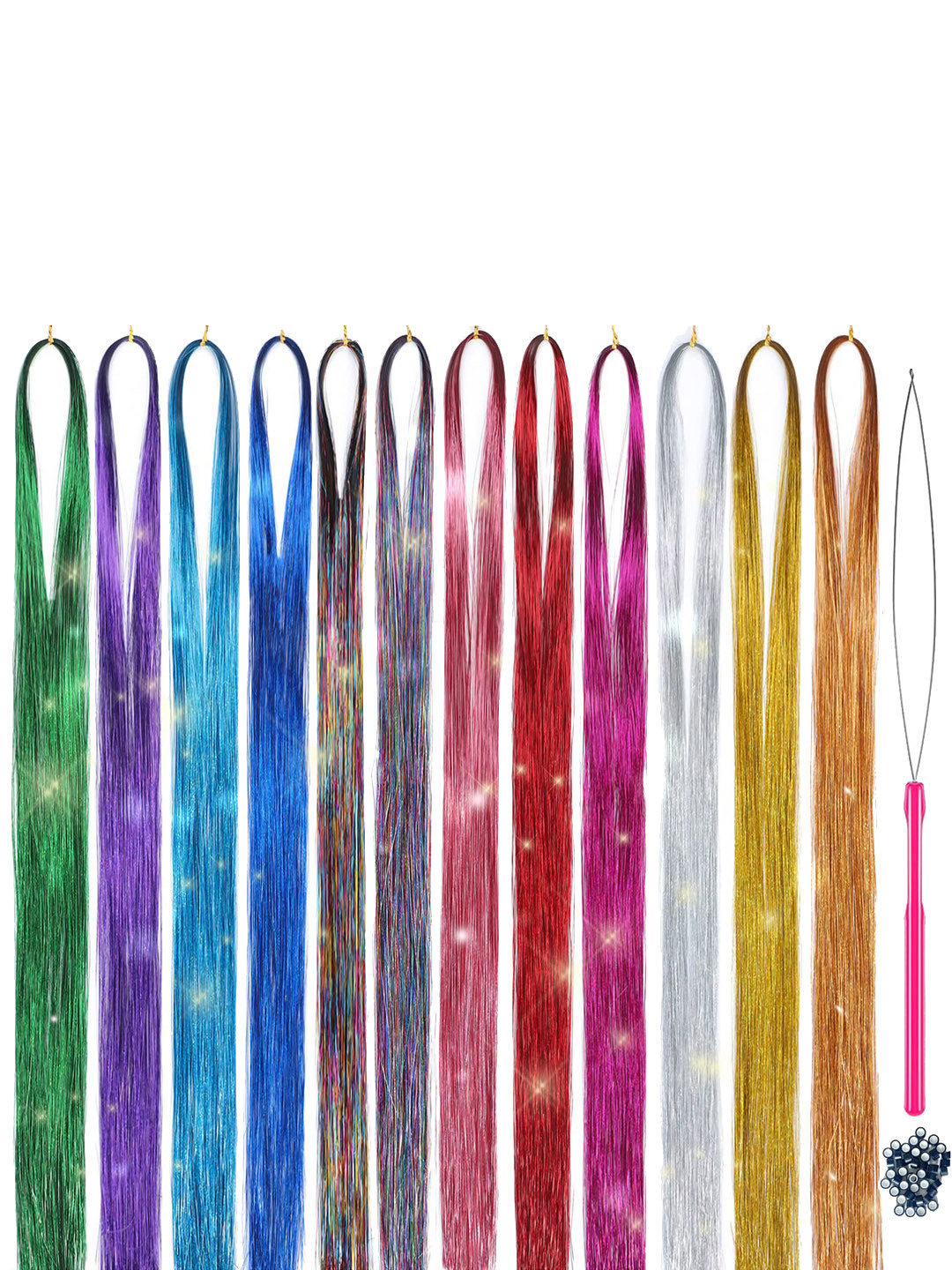 

CHANDERKASH Set Of 12 Glitter Hair Tinsel Extensions Strands, Multi