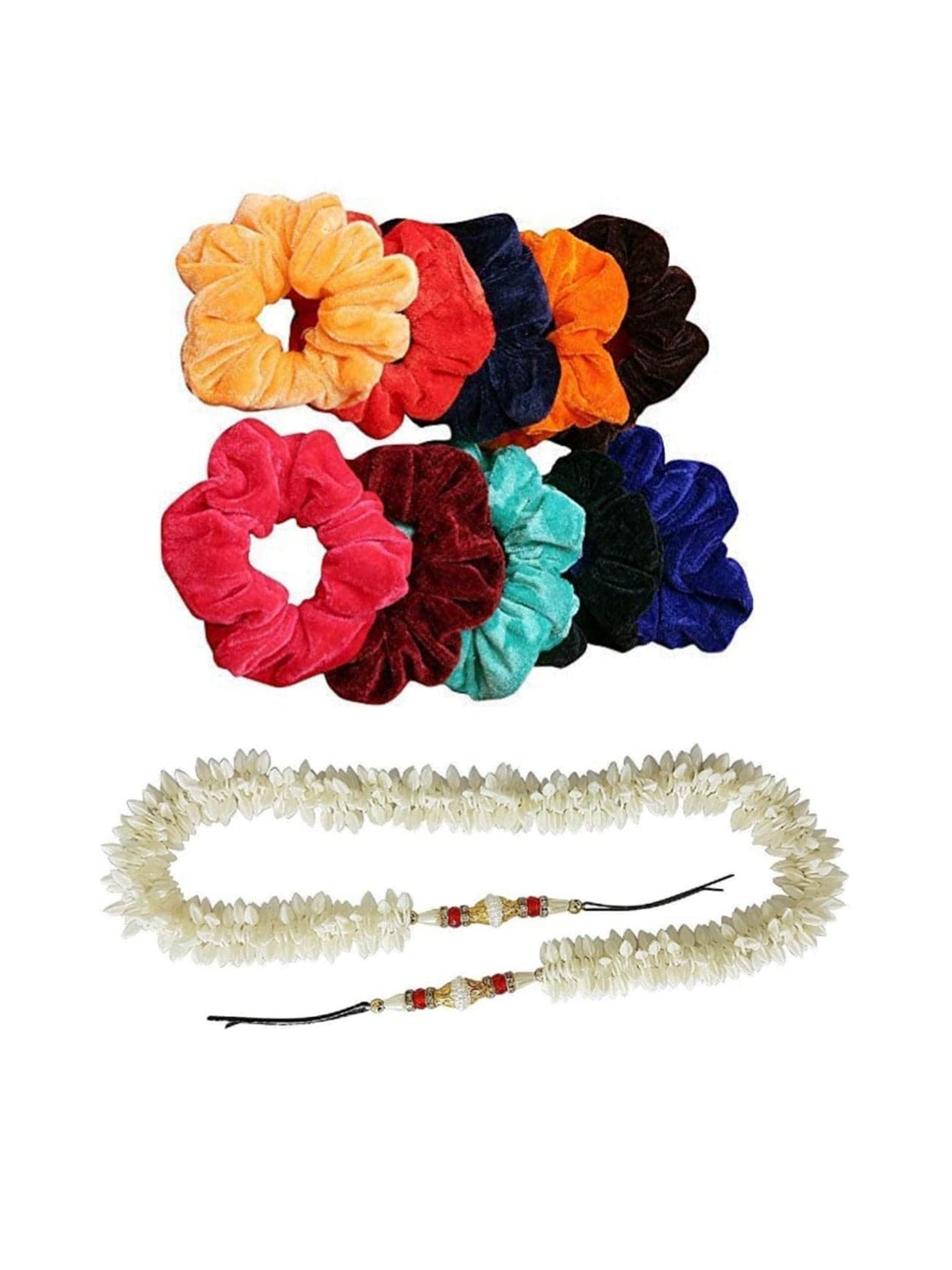 

CHANDERKASH Set of 13 Velvet Scrunchies With Gajra, Blue