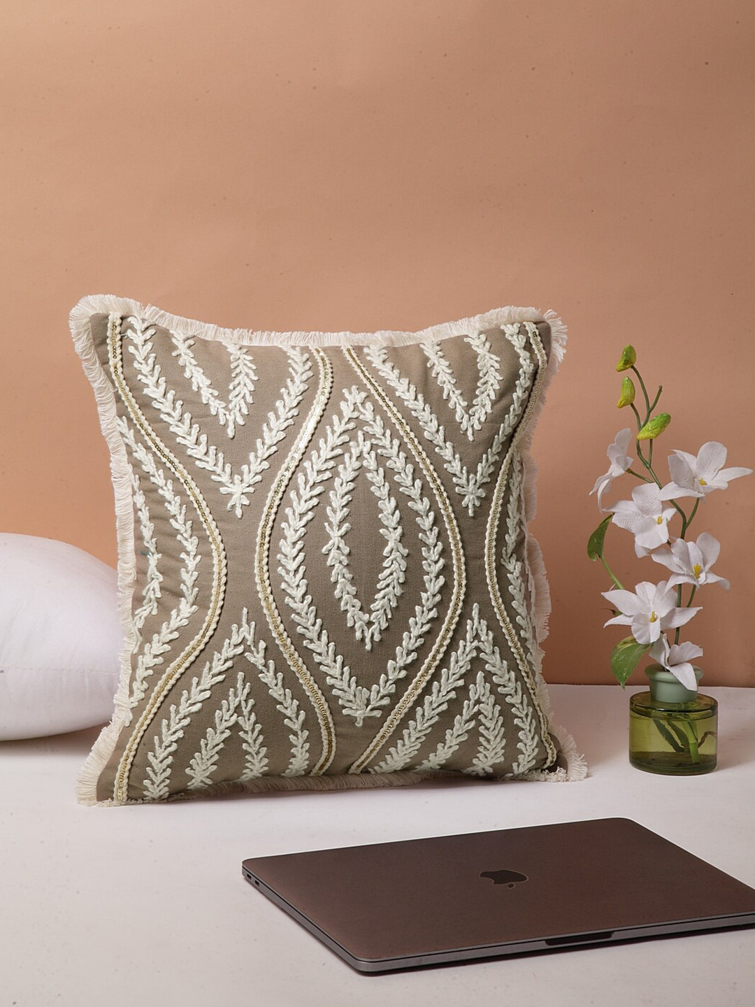 

BLANC9 Beige Embroidered Cotton Square Cushion Cover