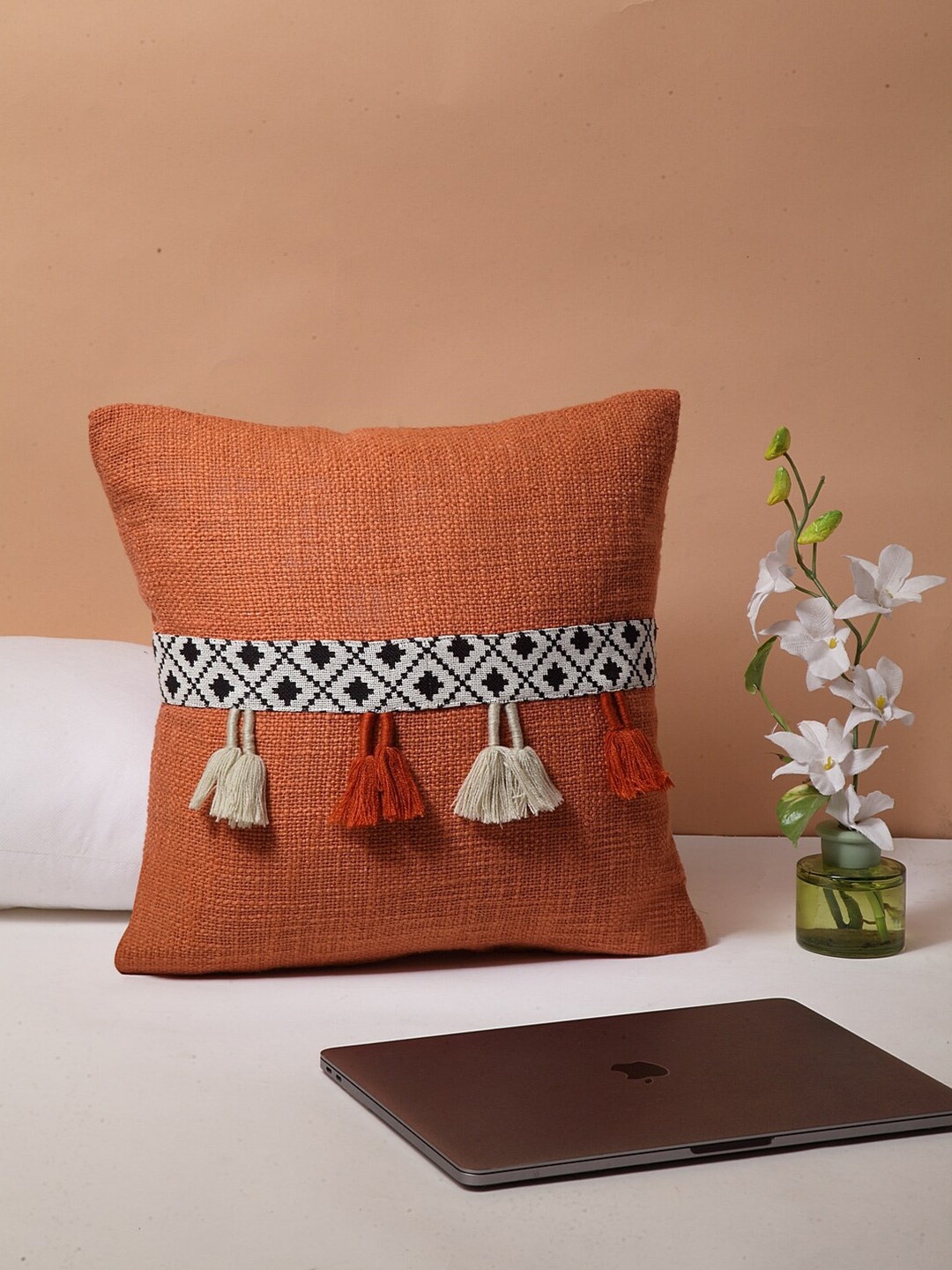 

BLANC9 Orange & White Embroidered Cotton Square Cushion Cover