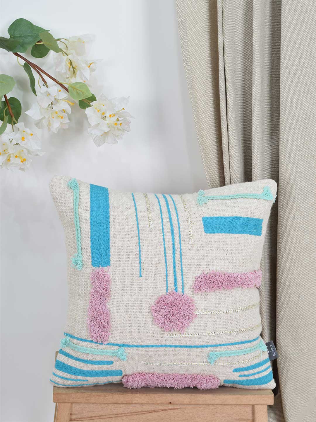 

BLANC9 White & Blue Embroidered Cotton Square Cushion Cover