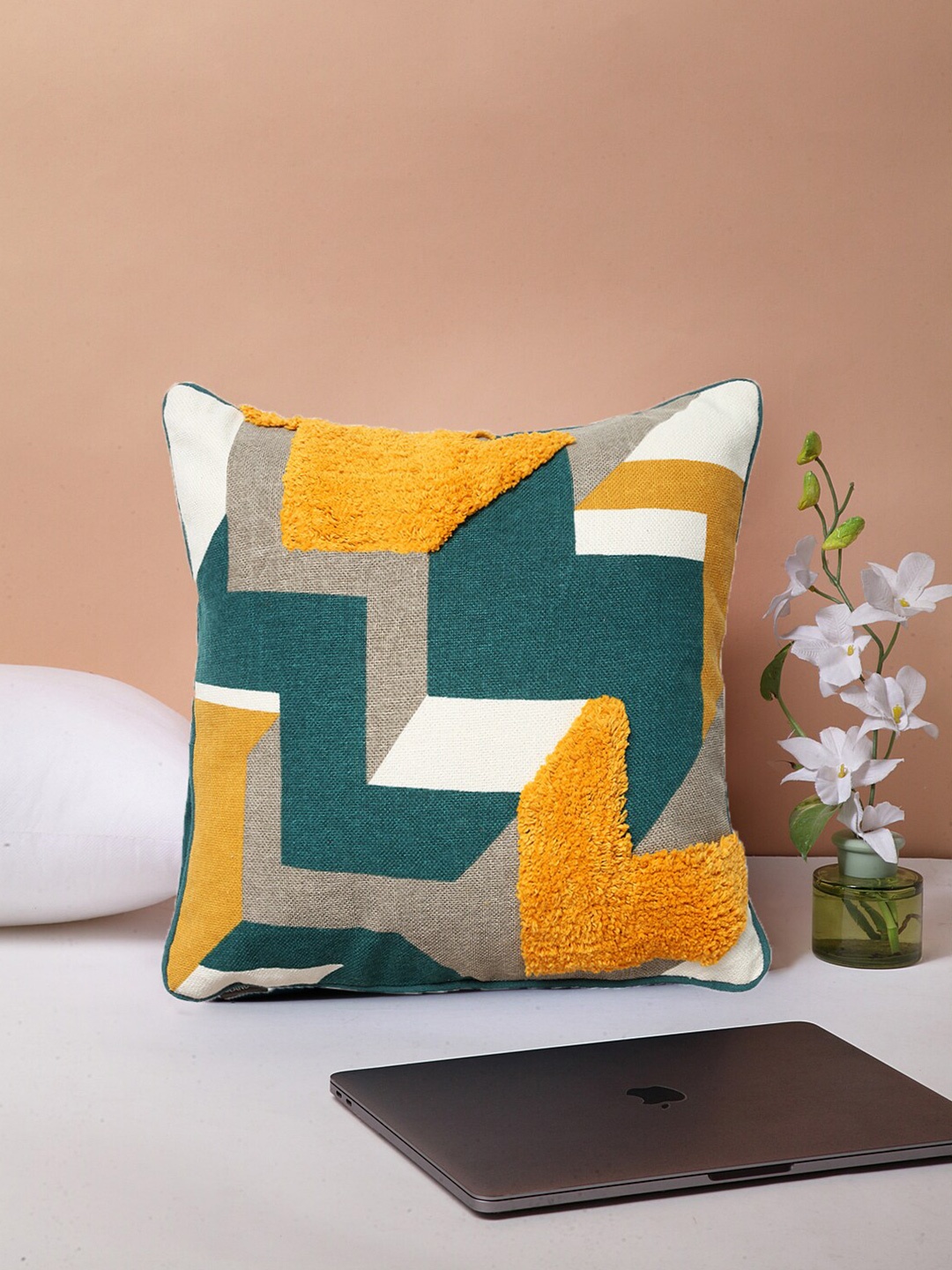 

BLANC9 Teal Green & Yellow Geometric Cotton Square Cushion Cover