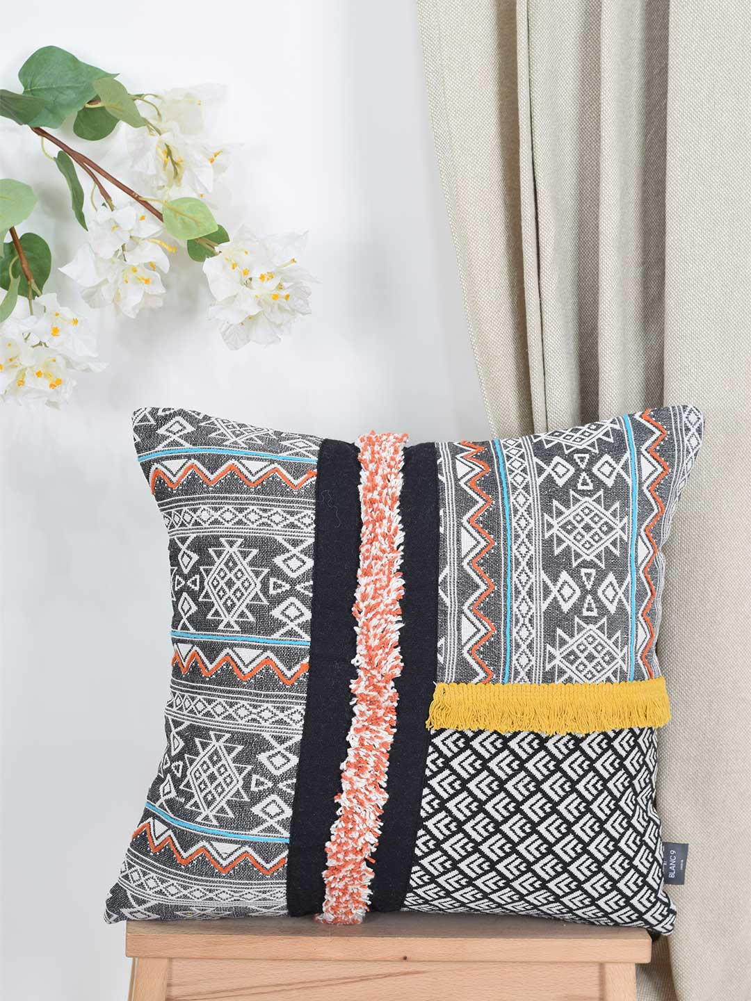 

BLANC9 Black & White Ethnic Motifs Cotton Square Cushion Cover