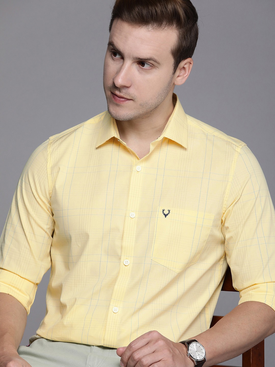 

Allen Solly Modern Cutaway Collar Checked Slim Fit Shirt, Yellow