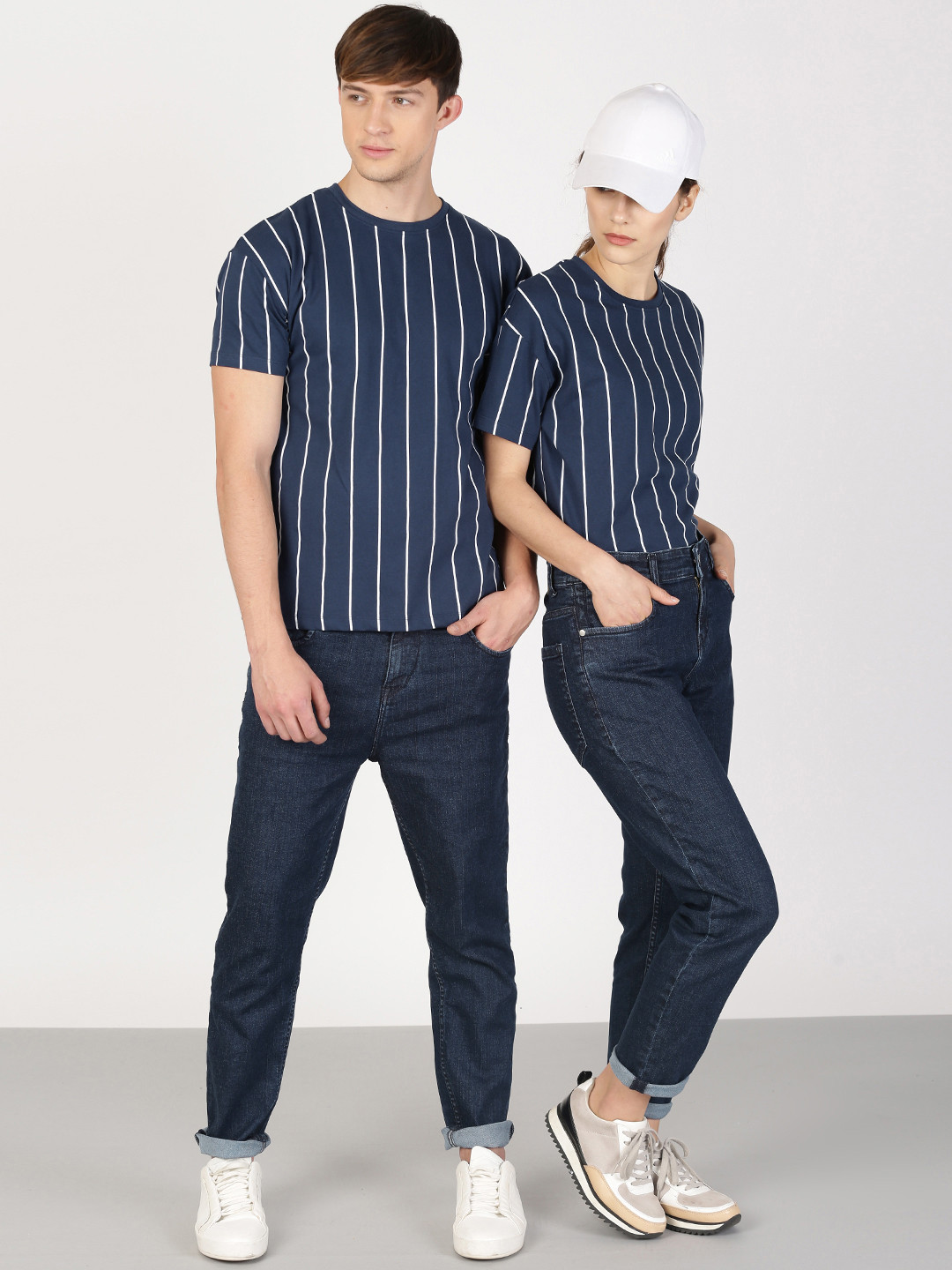

ether Unisex Navy Blue Striped Round Neck Pure Cotton T-shirt