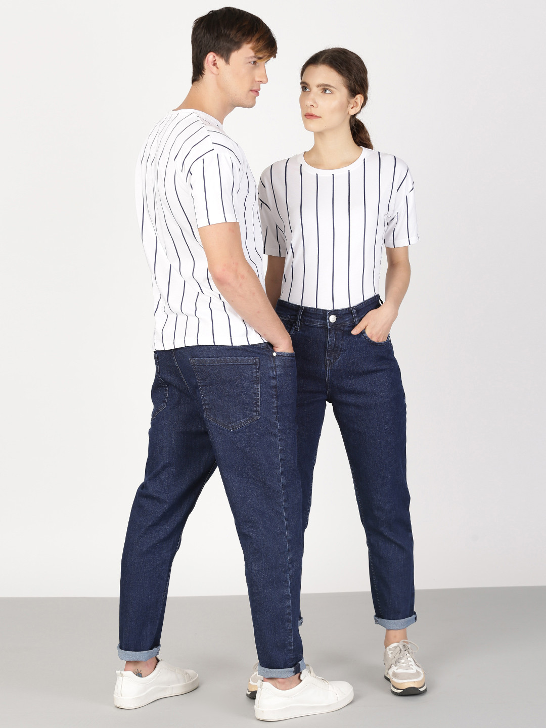 

ether Unisex White Striped Round Neck Pure Cotton T-shirt