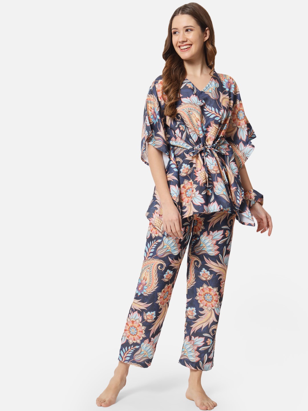 

FFLIRTYGO Floral Printed Night Suit, Blue