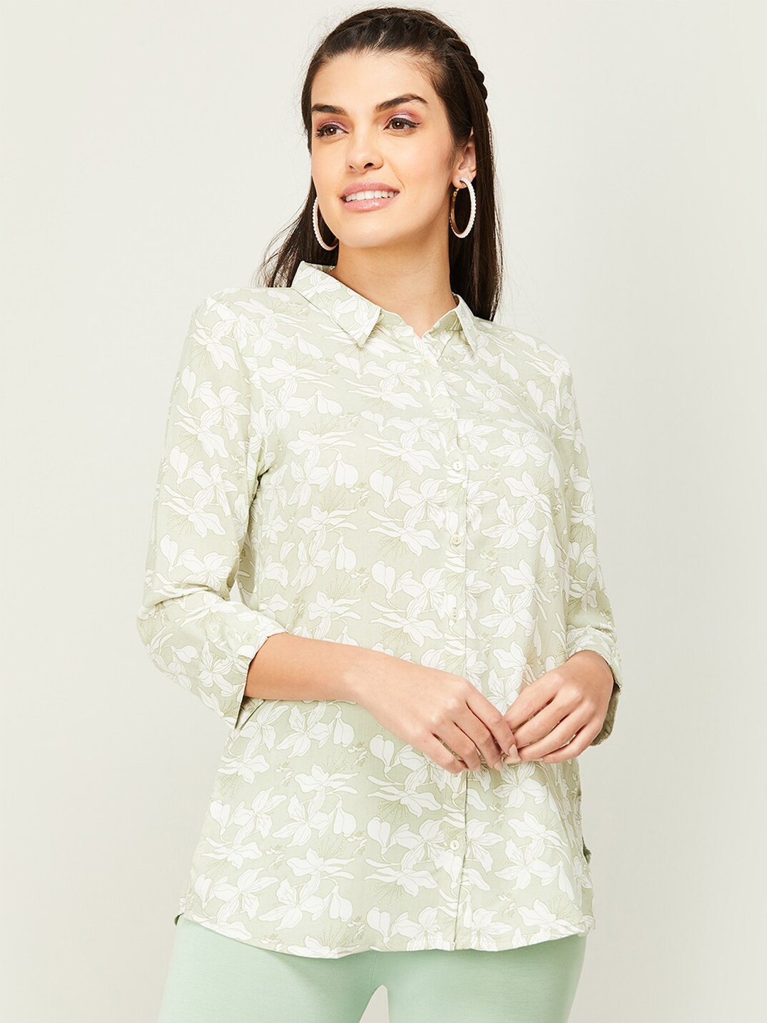 

Melange by Lifestyle Floral Printed Shirt Style Top, Green