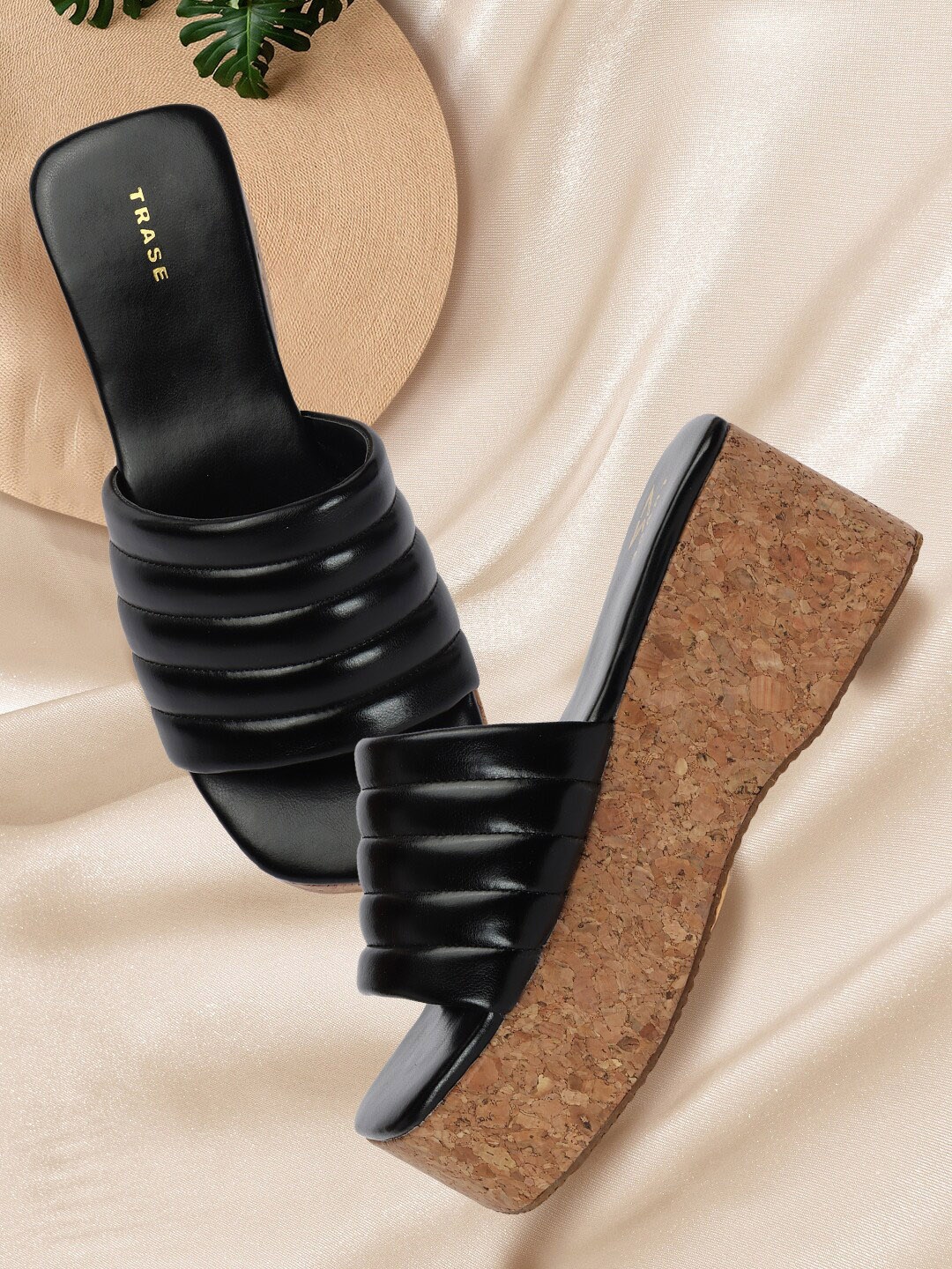 

TRASE Black Textured Open Toe Platform Heels