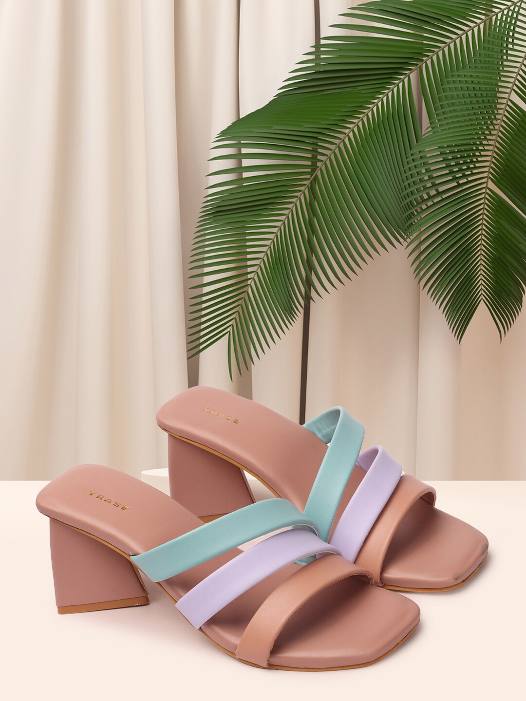 TRASE Square Toe Colourblocked Block Heels, Peach