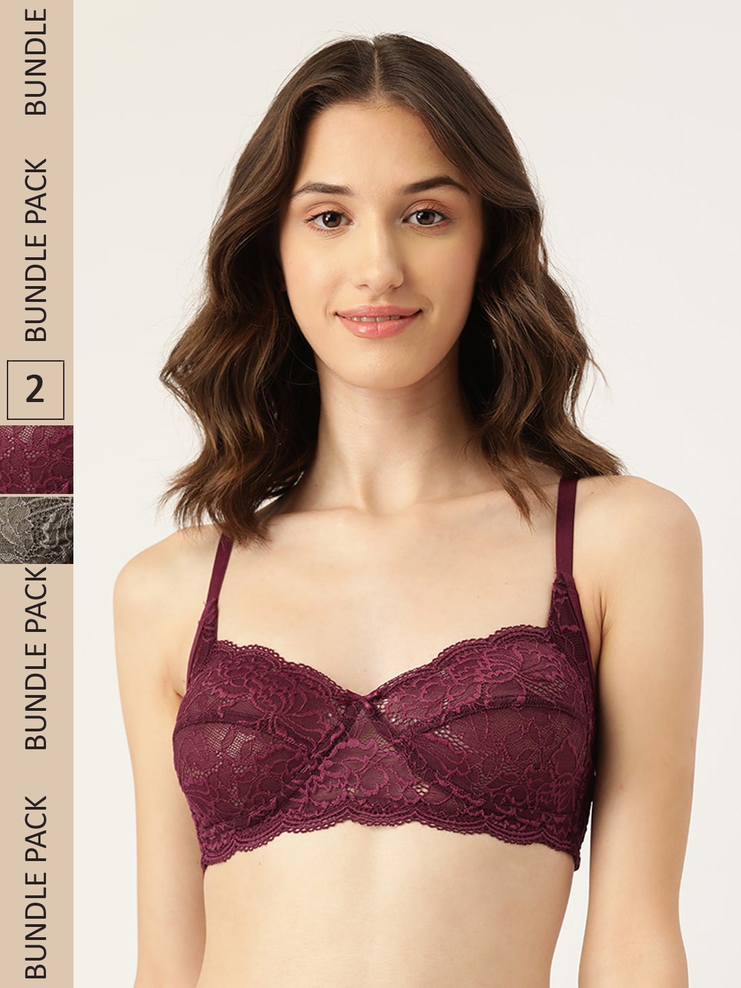 

DressBerry Pack Of 2 Floral Non Padded Non Wired Lace Bra, Grey