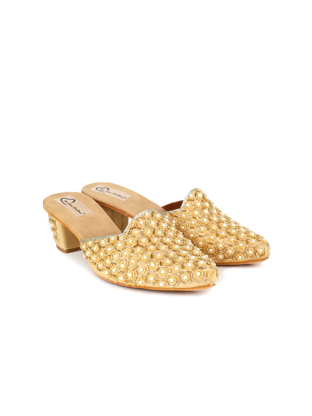 

The Desi Dulhan Stone And Beads Embellished Ethnic Block Heel Mules, Gold