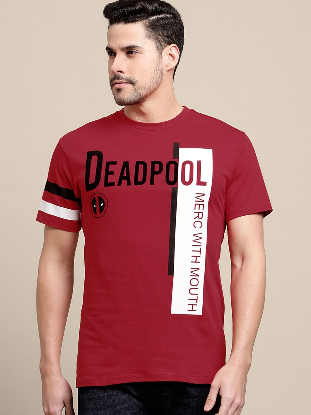 

Free Authority Deadpool Round Neck Typography Printed Cotton T-shirt, Red