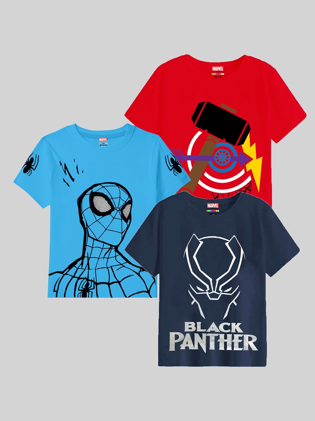 

KUCHIPOO Boys Pack Of 3 Marvel Printed Cotton T-Shirts, Blue