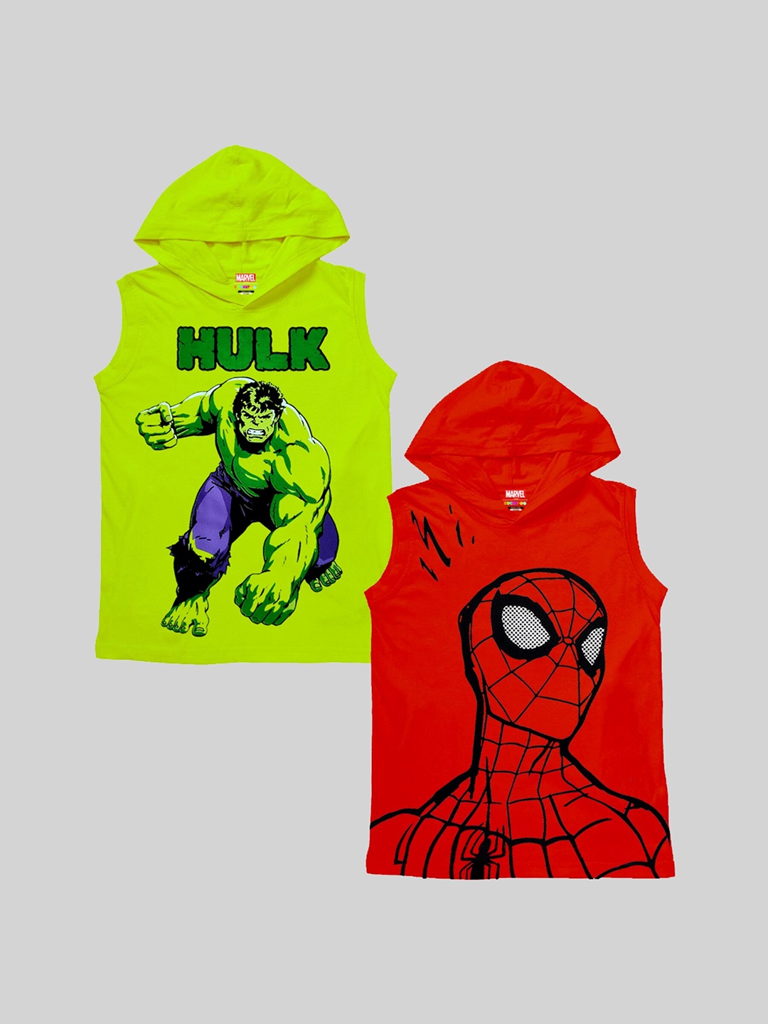 

KUCHIPOO Boys Pack Of 2 Avengers Printed Hooded Cotton T-shirts, Lime green