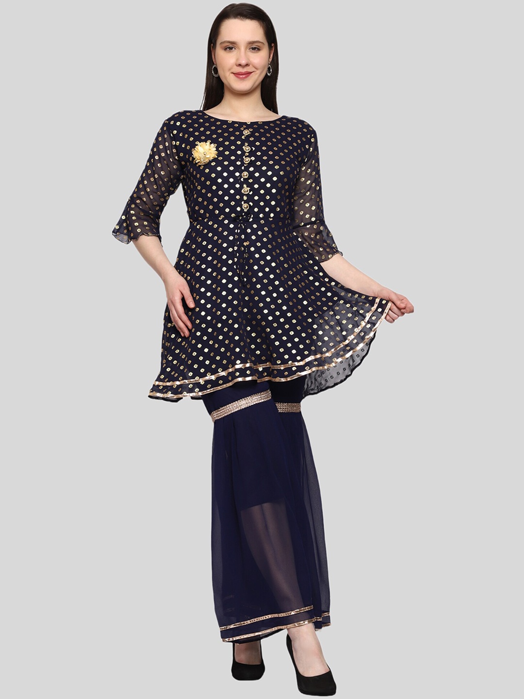 

FNOCKS Ethnic Motifs Printed Georgette Foil Print Gotta Patti Boat Neck Kurti with Sharara, Navy blue