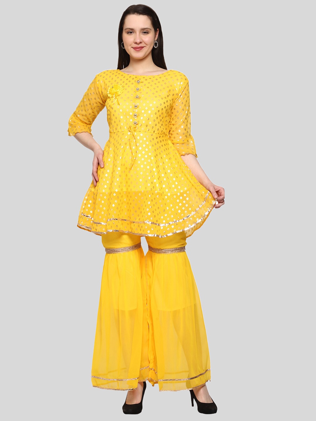 

FNOCKS Ethnic Motifs Printed Georgette Foil Print Gotta Patti Boat Neck Kurti with Sharara, Yellow