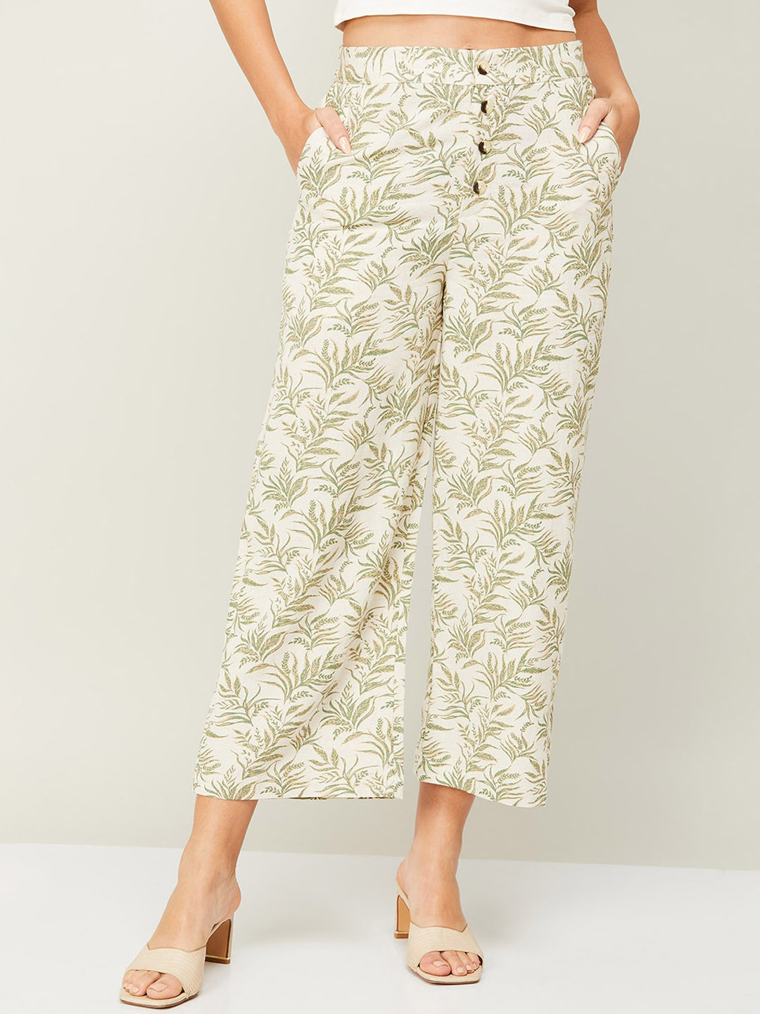 

CODE by Lifestyle Women Floral Printed High-Rise Cropped Culottes Trousers, Beige