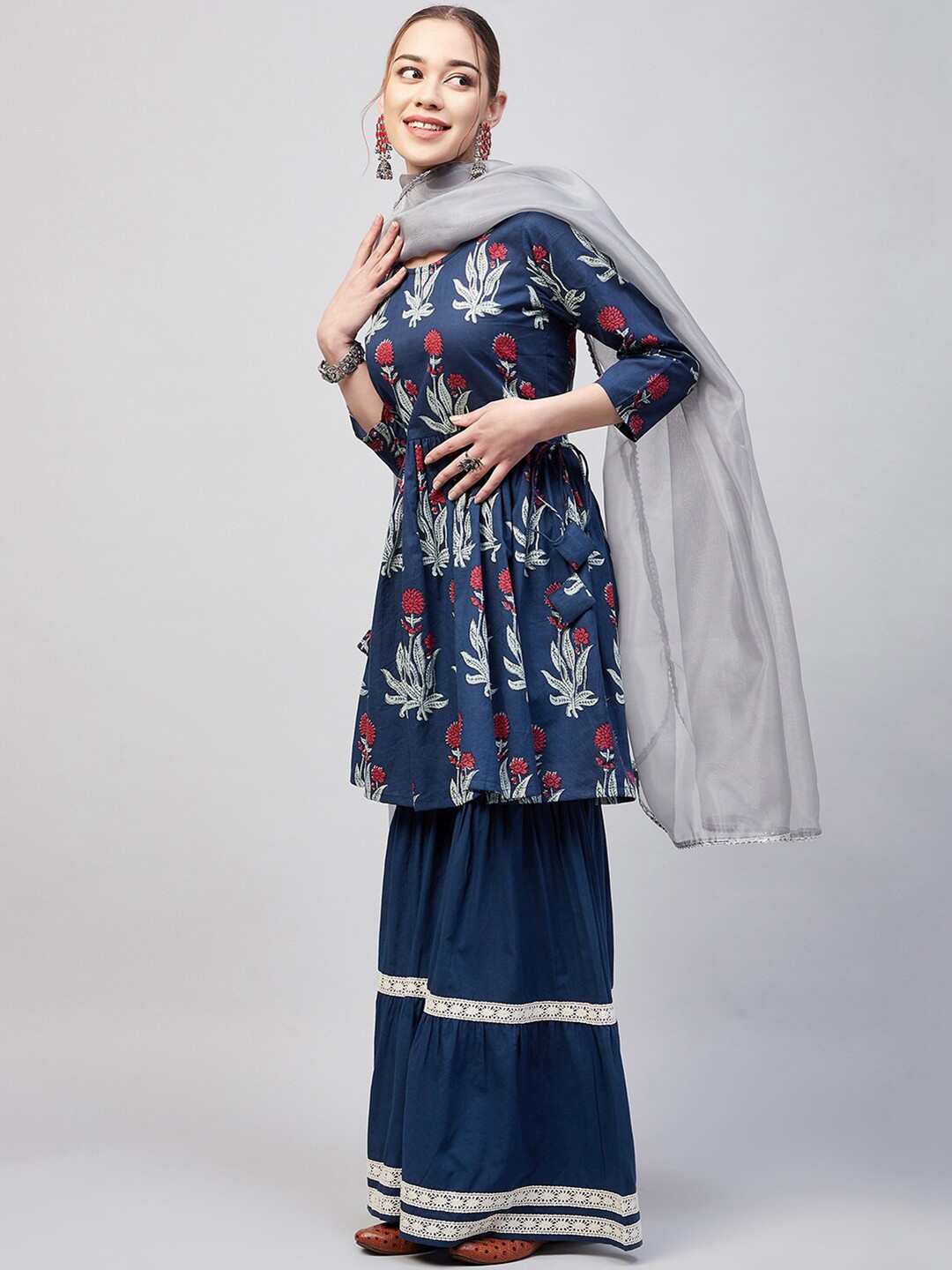 

InWeave Floral Printed Pleated A-Line Pure Cotton Kurti with Sharara & Dupatta, Navy blue
